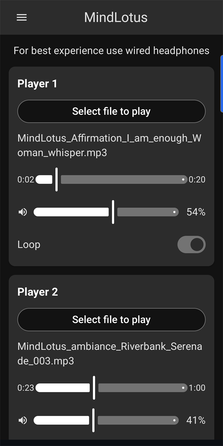 Screenshot of the dual player main screen, dark theme