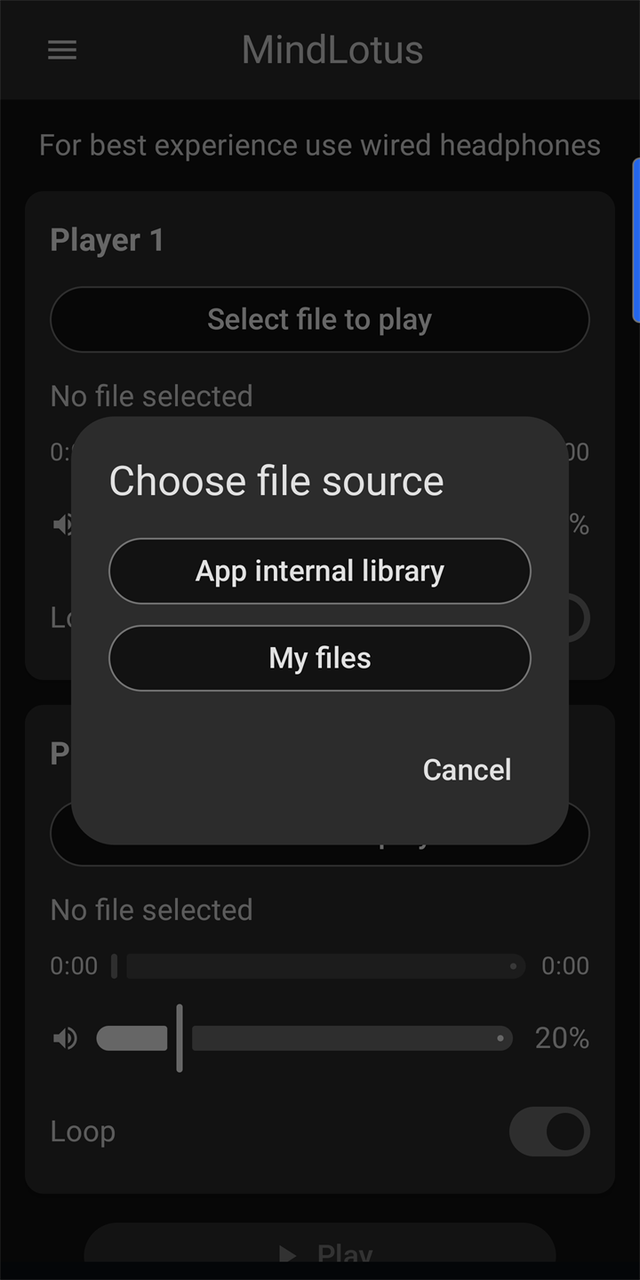 Screenshot of the file picker showing device storage and the MindLotus library