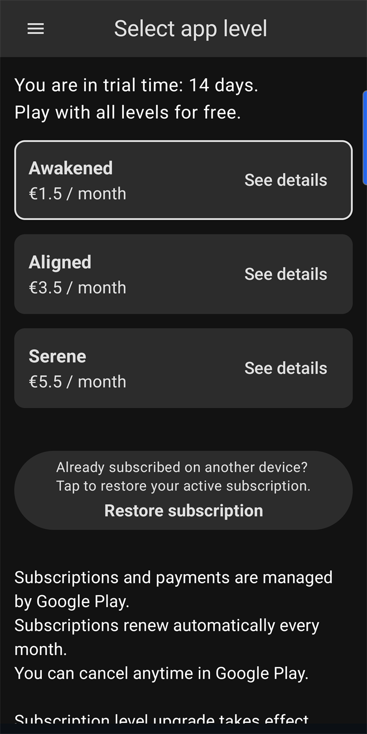 Screenshot of the subscription tiers screen — Awakened, Aligned, and Serene