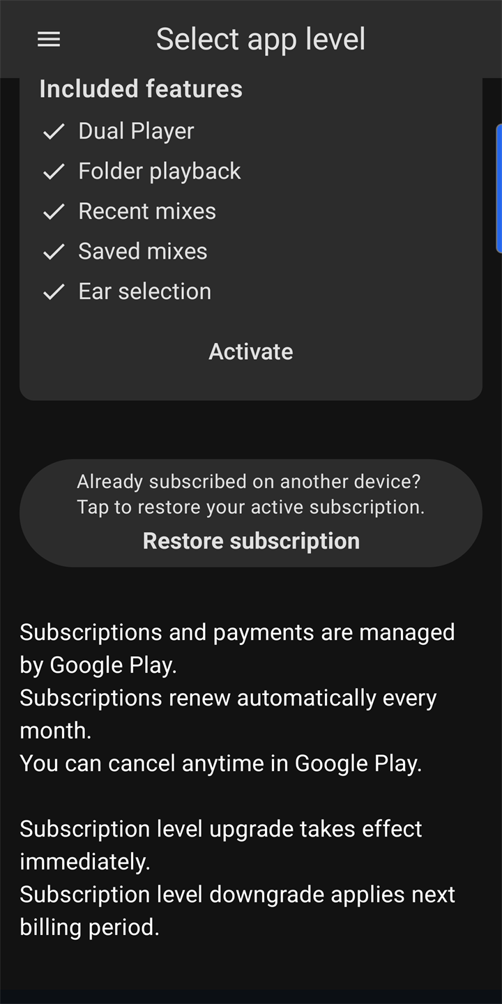 Screenshot of the saved mixes list with left and right ear routing options