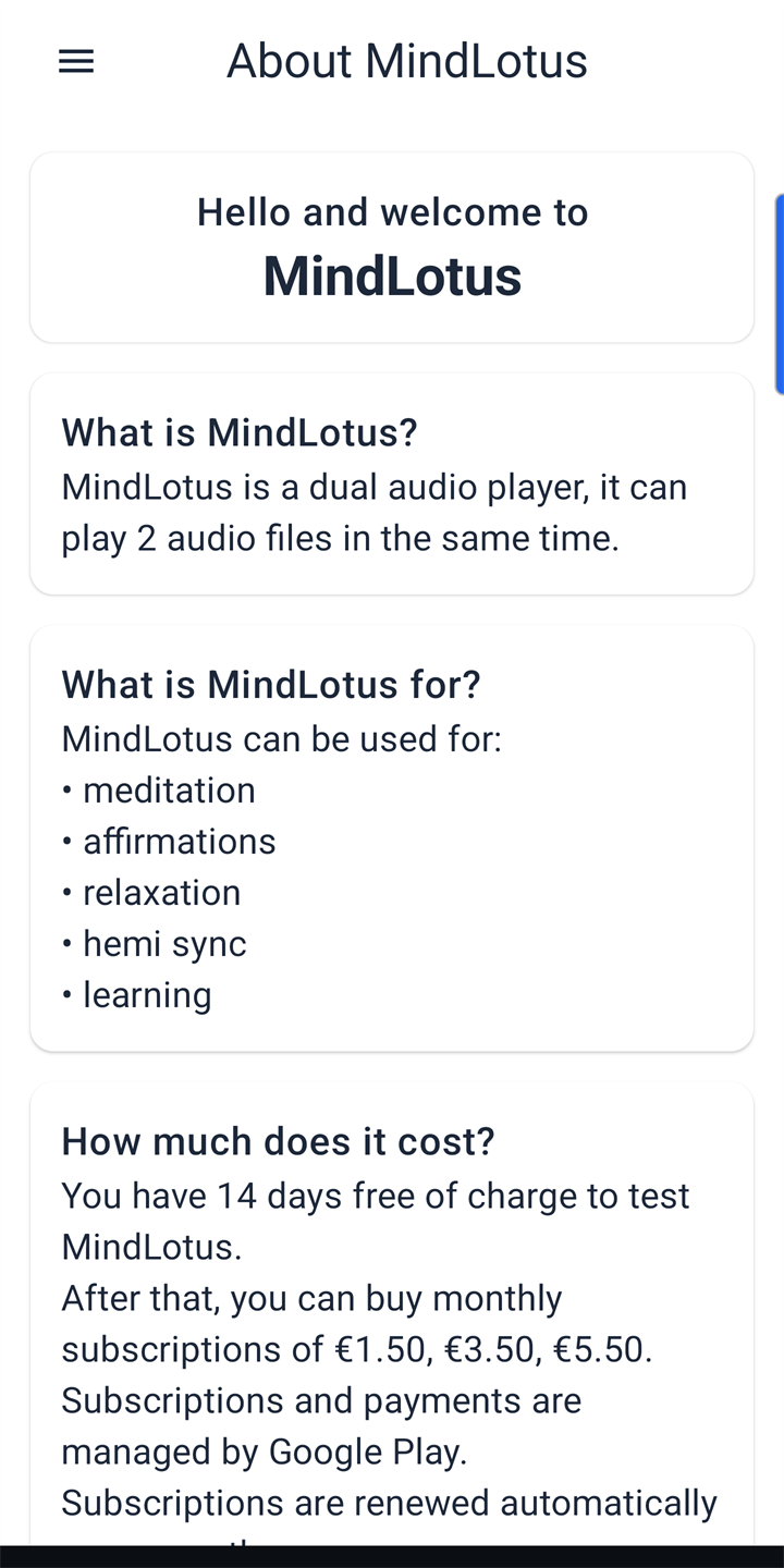 Screenshot of the About MindLotus page with privacy and terms links