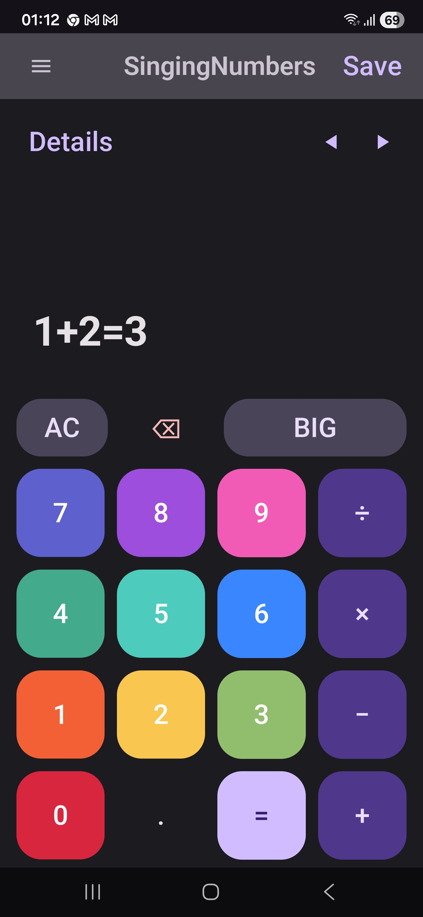 Calculator showing the expression 1+2=3
