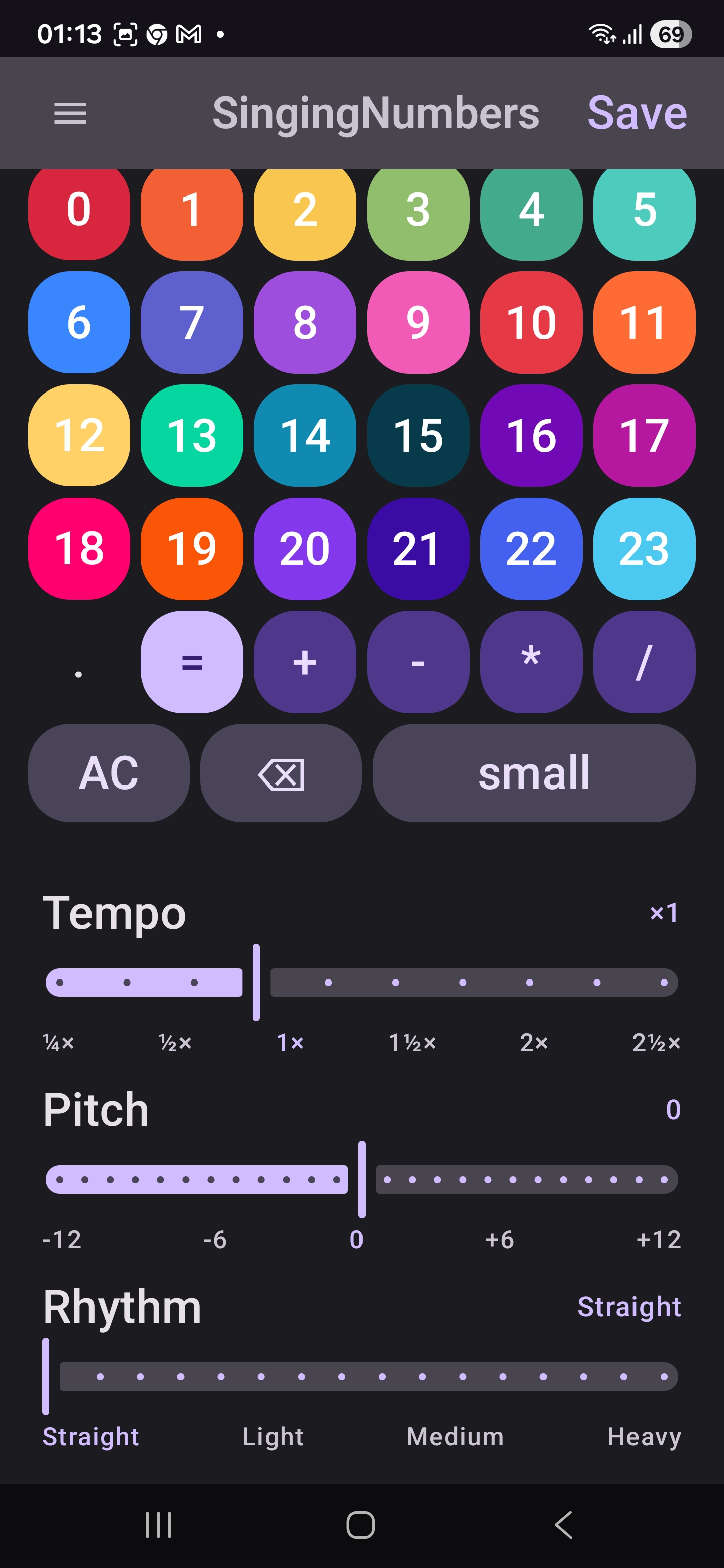 Big Calculator with Tempo, Pitch, and Rhythm controls