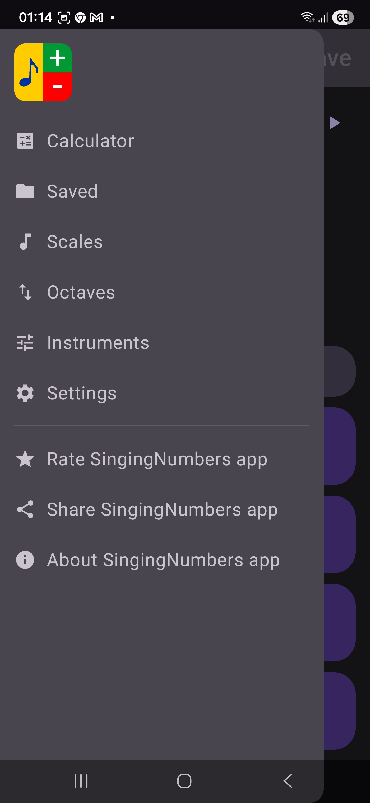 Navigation drawer with Calculator, Saved, Scales, Octaves, Instruments, Settings, Rate, Share, and About items