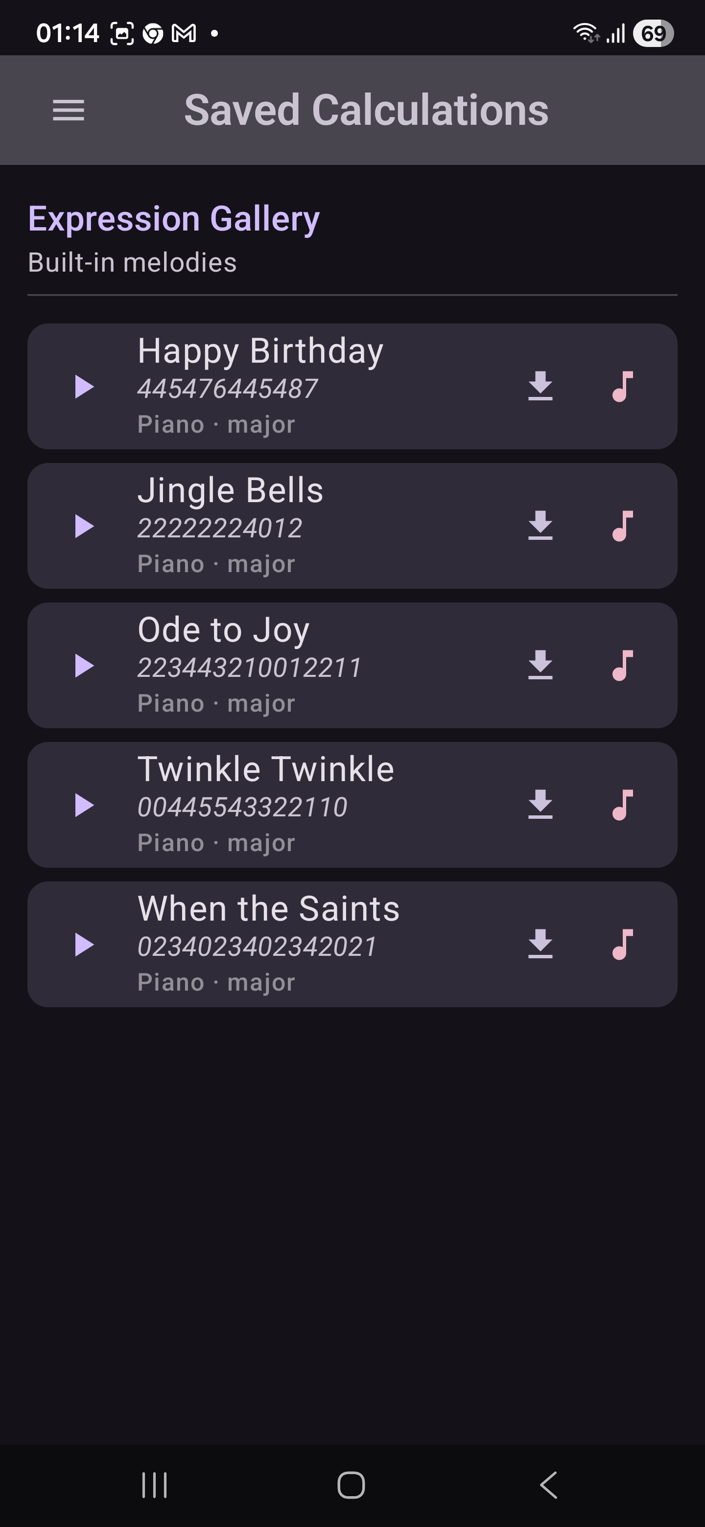 Saved Calculations gallery with built-in melodies like Happy Birthday and Jingle Bells