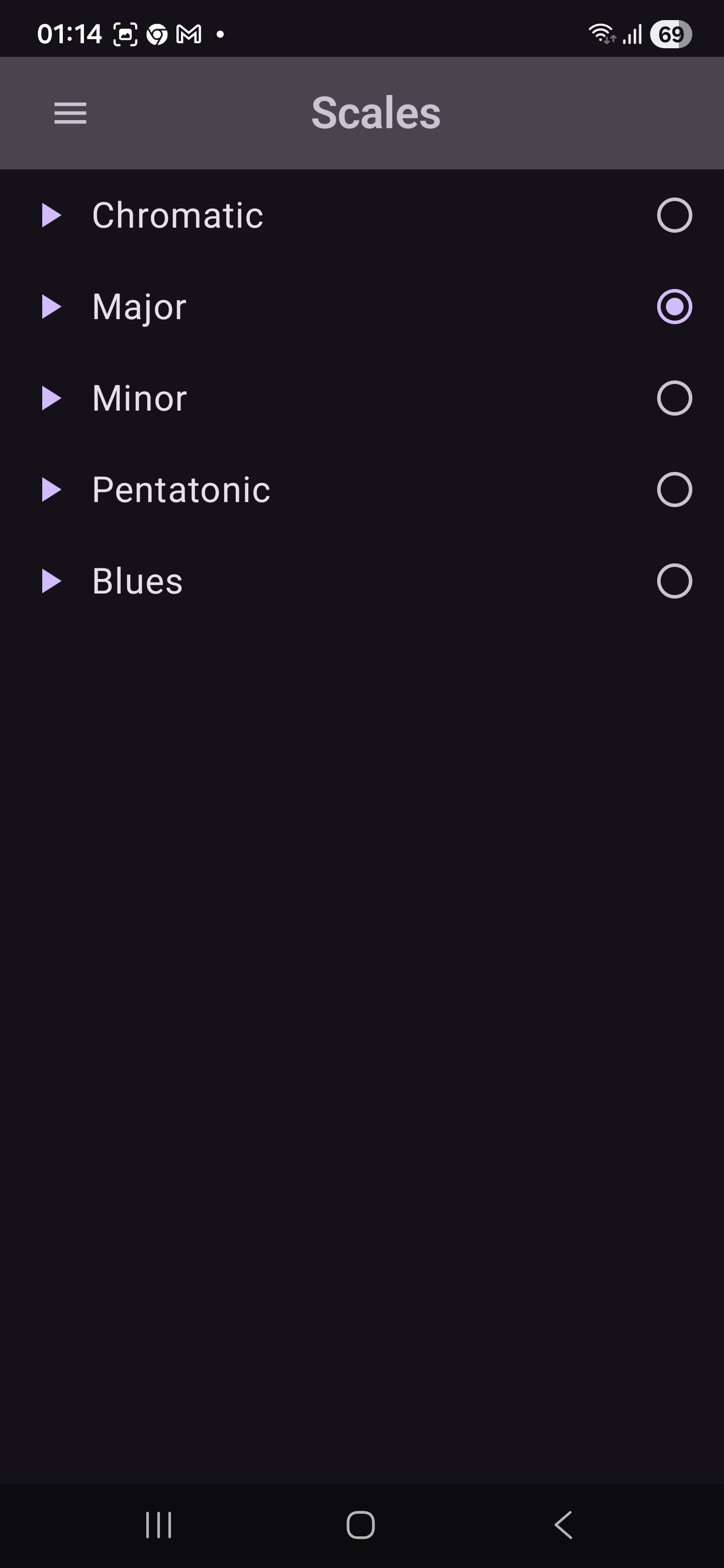 Scales selection: Chromatic, Major, Minor, Pentatonic, Blues