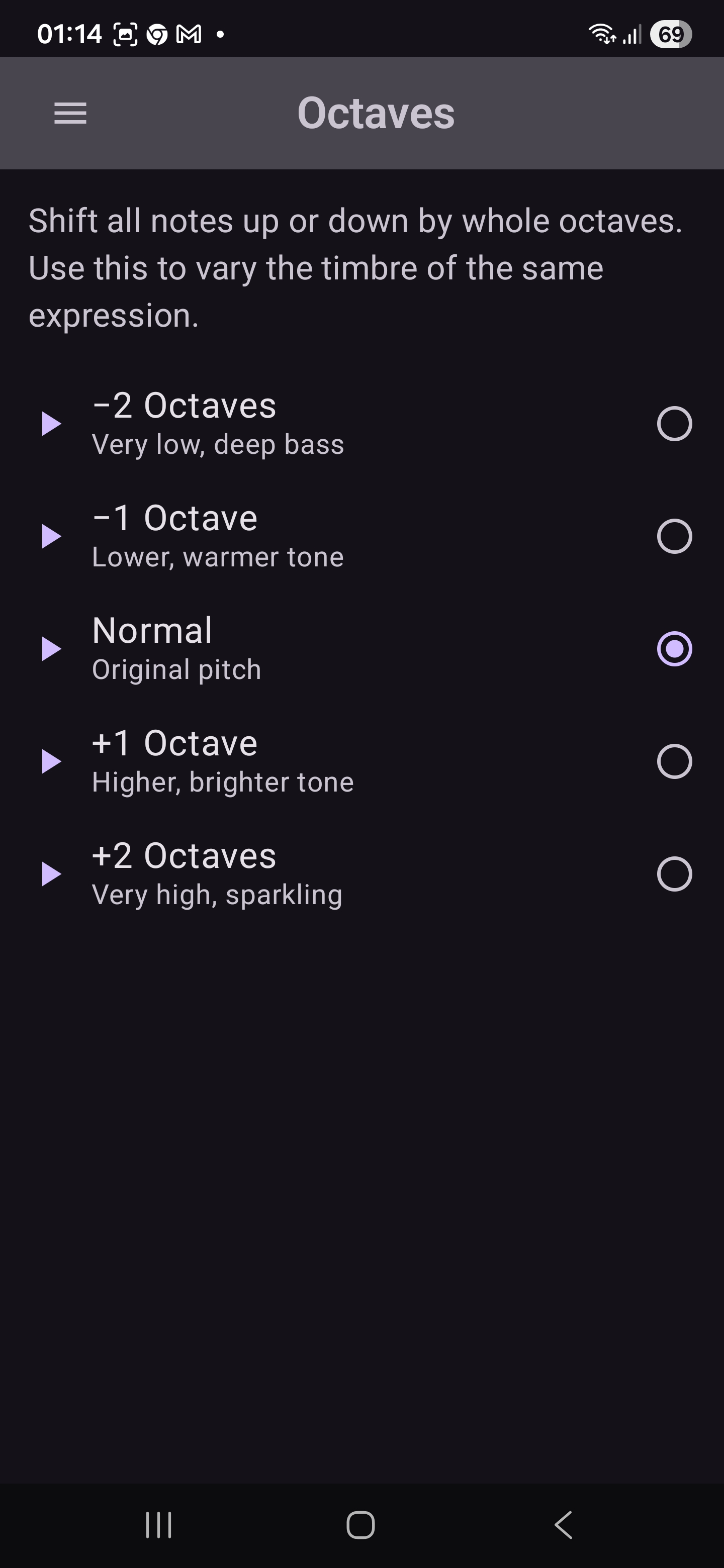 Octaves selection from -2 to +2 octaves