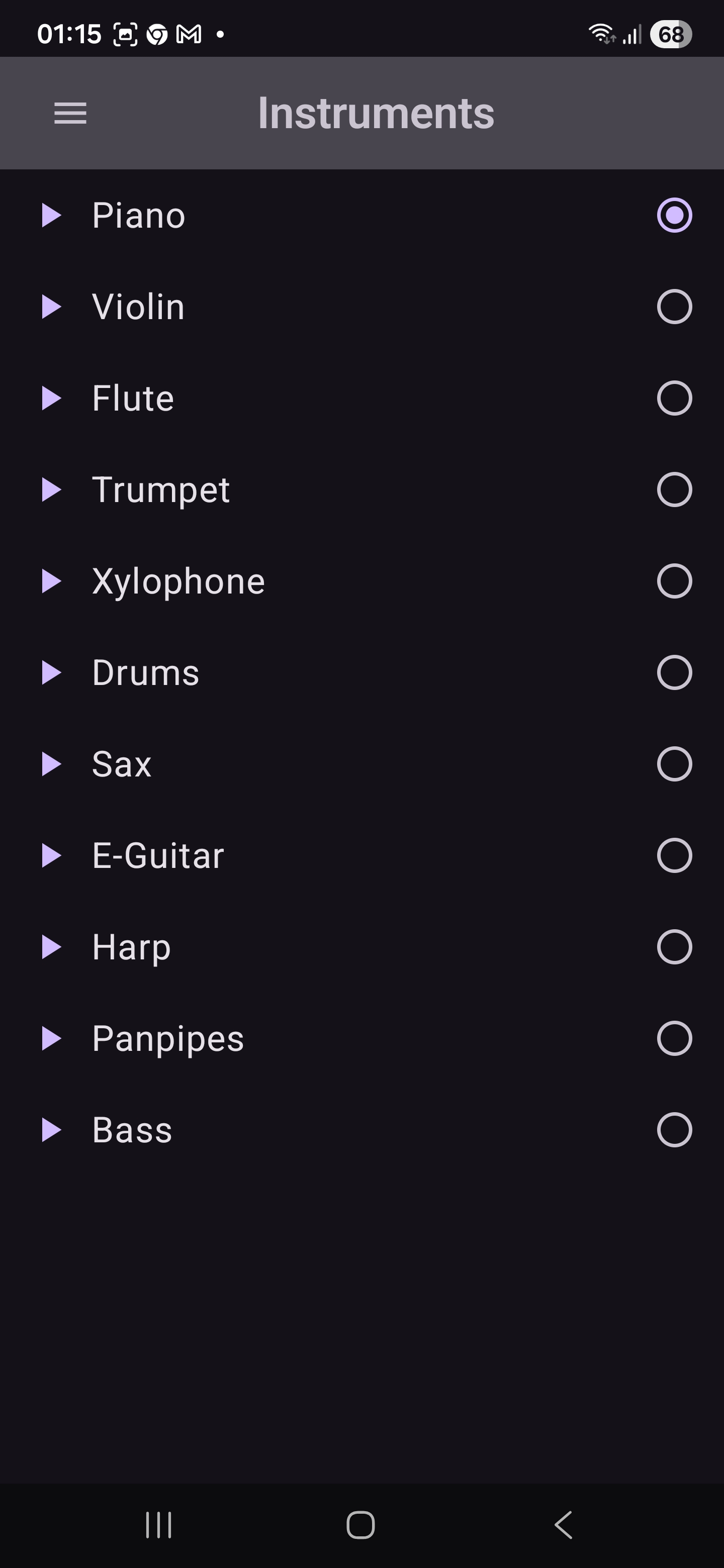 Instruments selection: Piano, Violin, Flute, Trumpet, Xylophone, Drums, Sax, E-Guitar, Harp, Panpipes, Bass