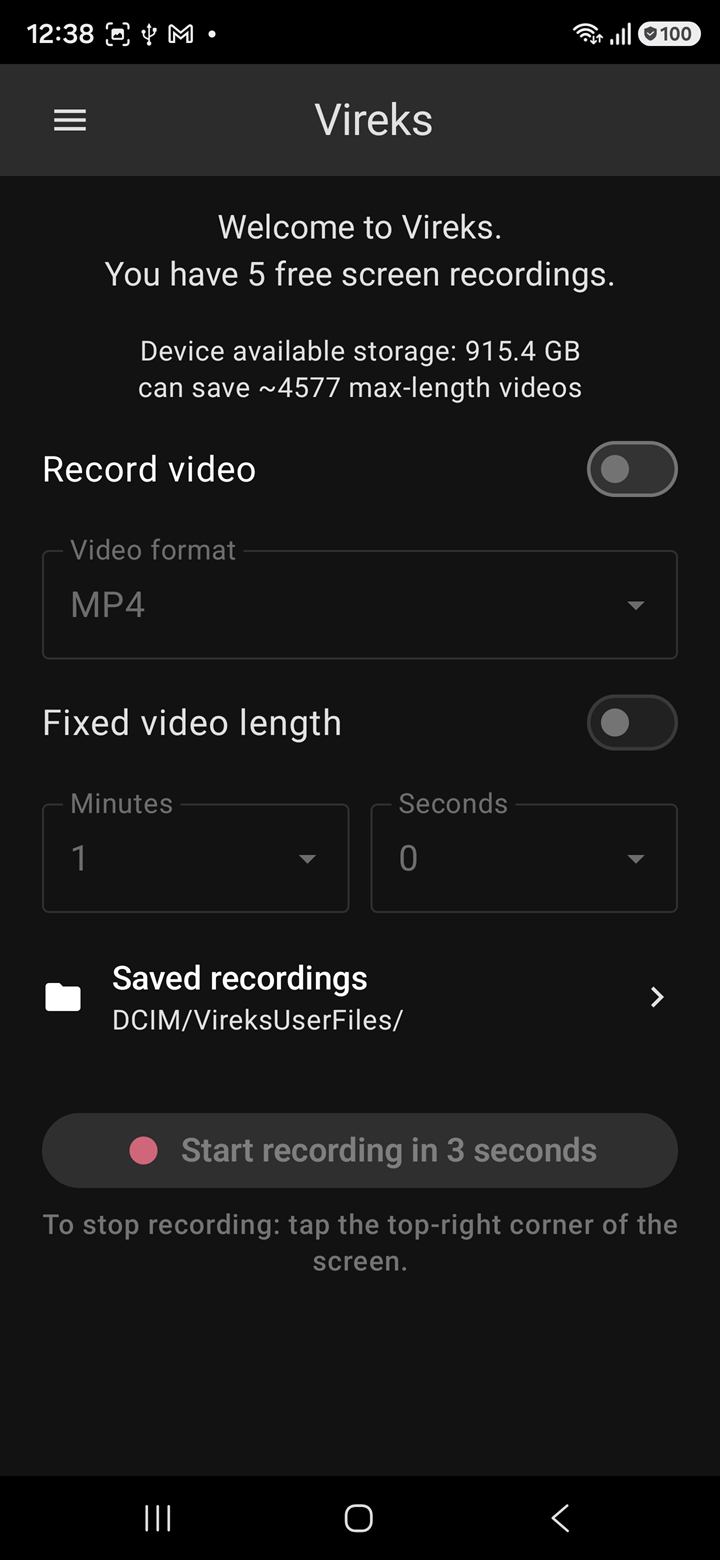 Vireks home screen at rest: header with hamburger menu and title, a welcome message, storage line reading 915.4 GB, disabled Record video and Fixed video length toggles, and a Start recording button.