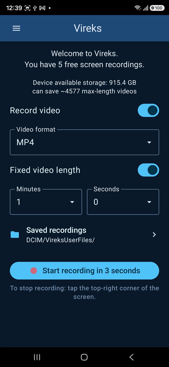 Vireks home screen with the Record video toggle on, Fixed video length toggle on with 1 minute selected, MP4 format shown, and a highlighted Start recording button.