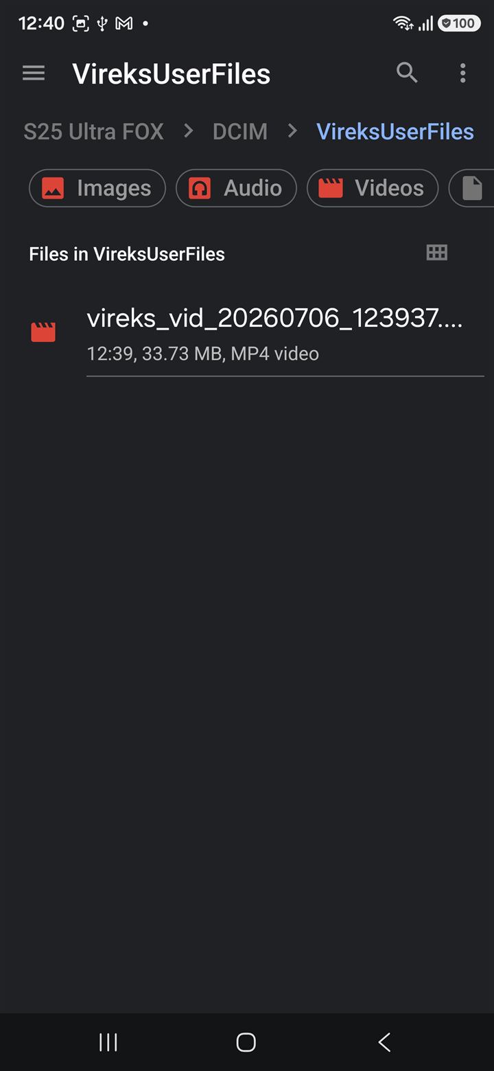 Android Files app open at the DCIM slash VireksUserFiles folder, showing a saved MP4 video with the filename vireks underscore vid underscore 20260706 underscore 123937 and size 33.73 megabytes.