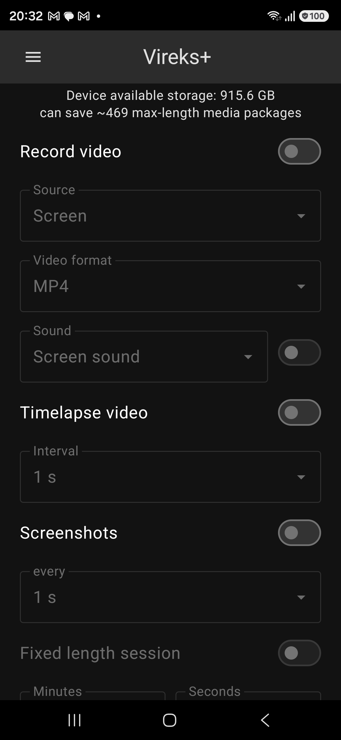 Vireks+ home screen, dark theme. Header: 'Device available storage: 915.6 GB - can save ~469 max-length media packages'. Below: Record video toggle (off), Source (Screen), Video format (MP4), Sound (Screen sound), then toggles for Timelapse video (1 s interval) and Screenshots (every 1 s), and a Fixed length session toggle.