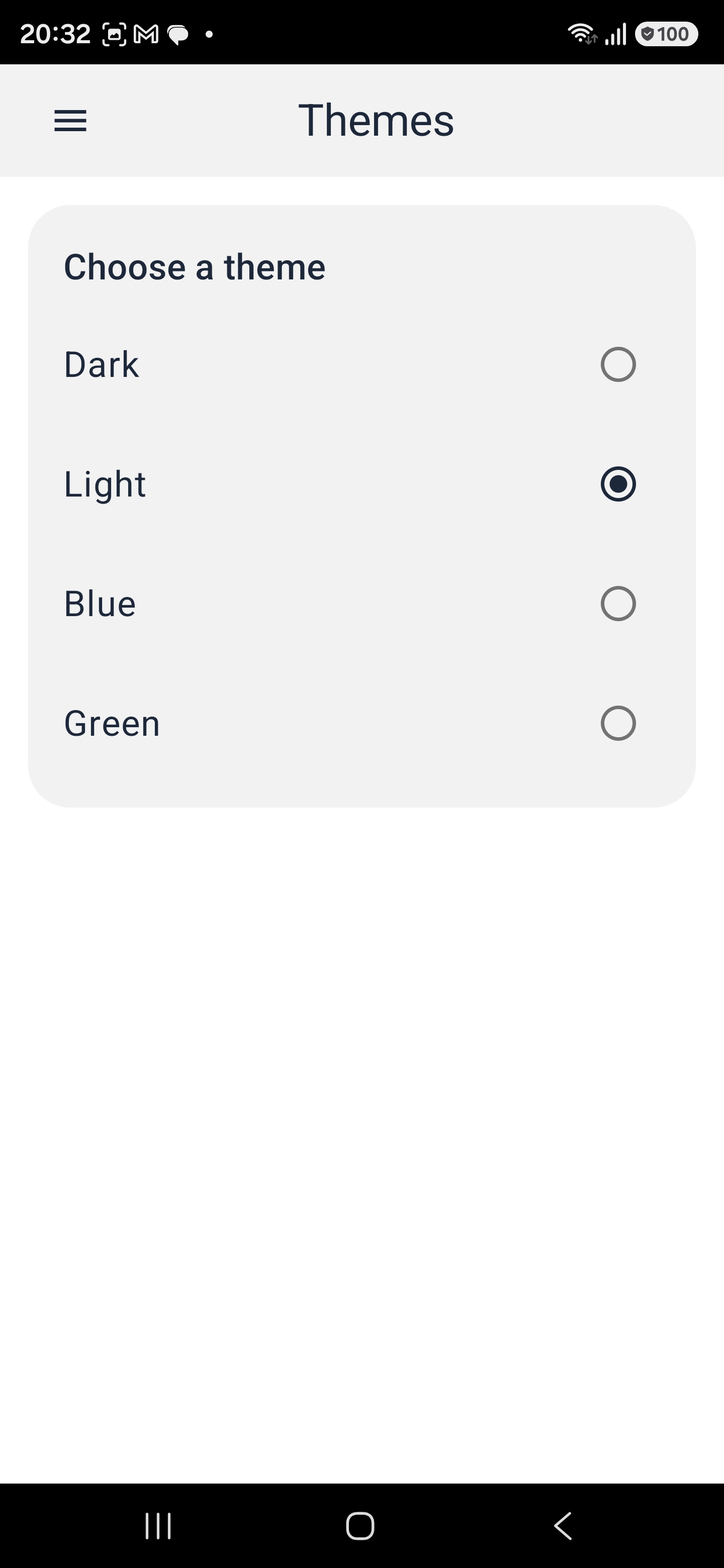 Vireks+ Themes screen, light theme. 'Choose a theme' with radio buttons for Dark, Light (selected), Blue and Green.
