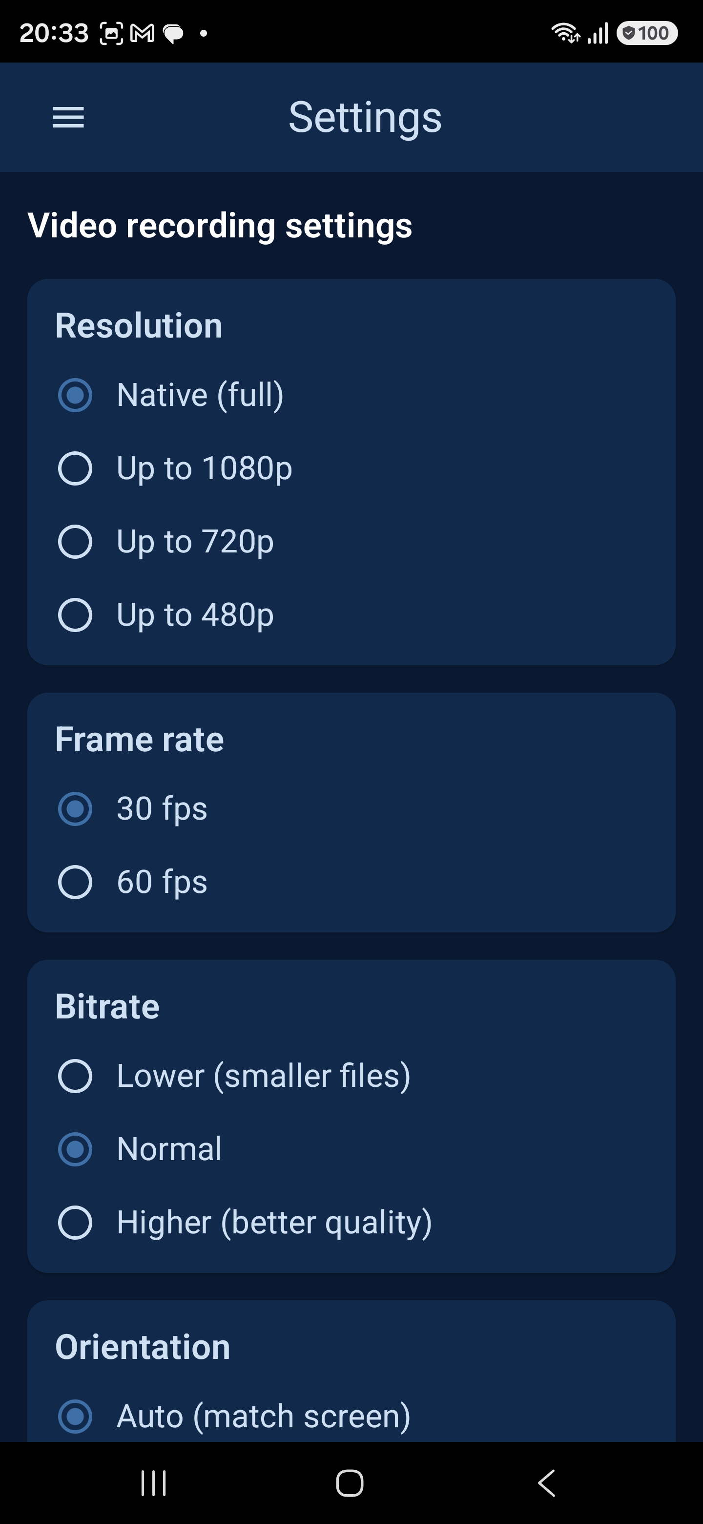 Vireks+ Settings screen, blue theme, Video recording section. Resolution: Native (full, selected), Up to 1080p, Up to 720p, Up to 480p. Frame rate: 30 fps (selected) or 60 fps. Bitrate: Lower (smaller files), Normal (selected), Higher (better quality). Orientation: Auto (match screen, selected).