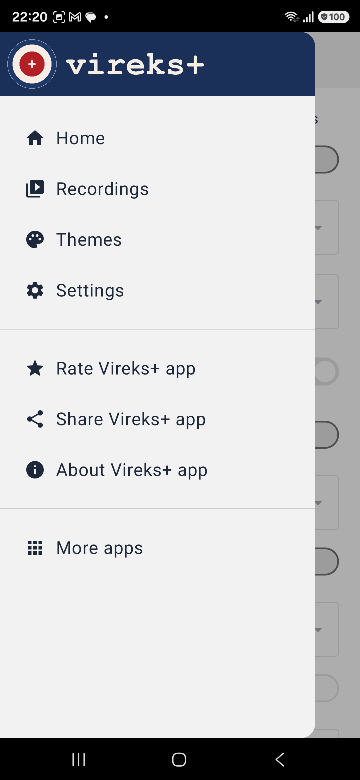 Vireks+ navigation drawer, light theme. Entries: Home, Recordings, Themes, Settings, Rate Vireks+ app, Share Vireks+ app, About Vireks+ app, More apps.